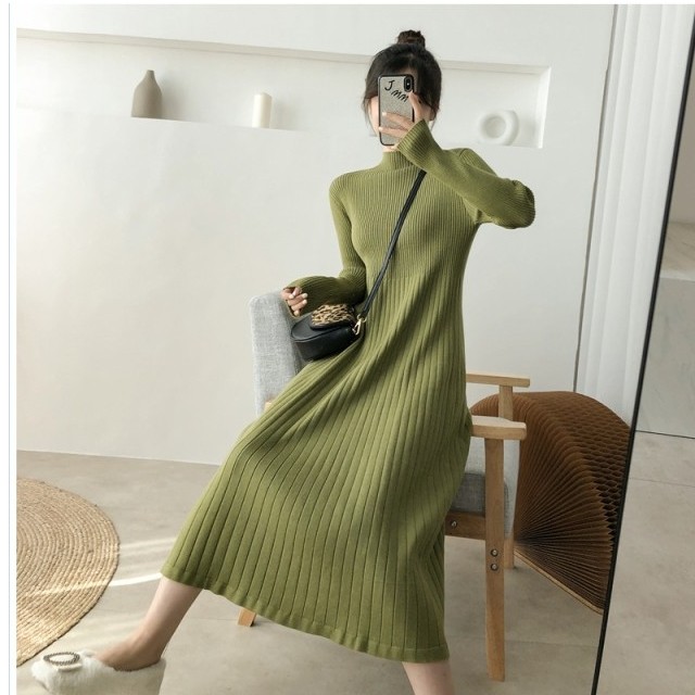 冬服 韓国 レディース リブニット シンプルワンピース 膝丈スカート 長袖 秋服 冬服 レディース Basecamp49
