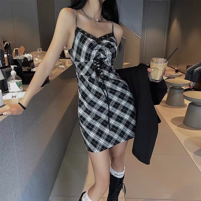 black check camisole dress