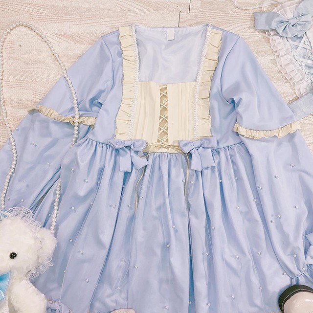 ワンピース ひざ丈 スイートカラー ロリータ フリル 2色 おしゃれ おでかけ I1854 Bshop