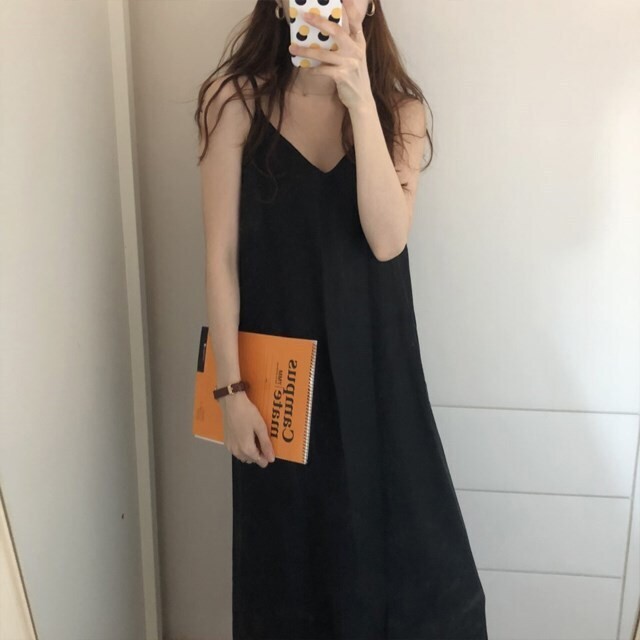 キャミワンピ リネン Vネック 肩ストラップ ロングワンピース Aライン 無地 袖なし Nshop1623