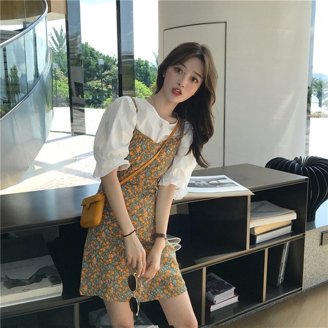 セットアップ ワンピース ブラウス レディース トップス 花柄 プリント 半袖 S M かわいい 体型カバー 着痩せ Cospa Fashion