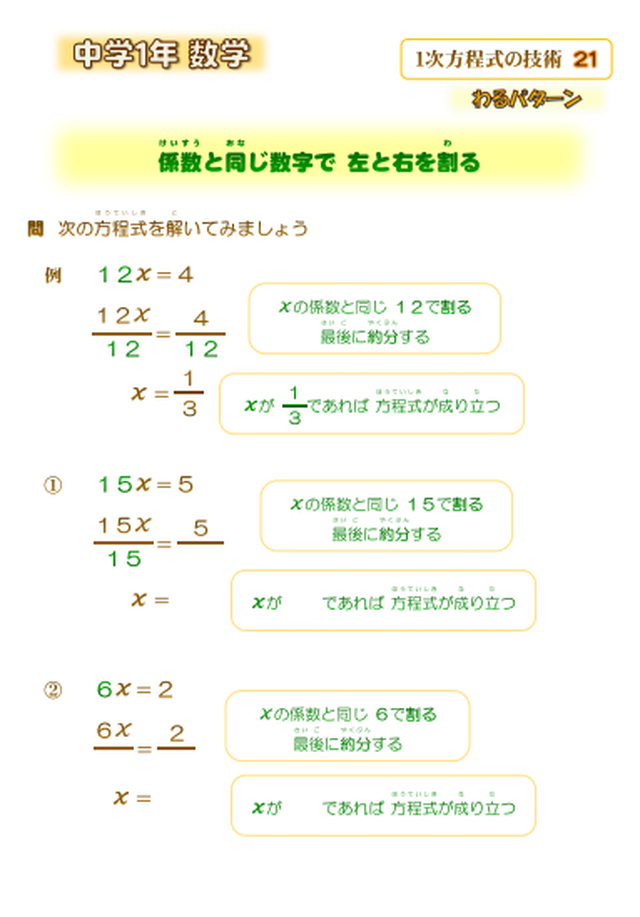 数学 中学１年生 １次方程式の技術 ここテラ式 学習プリント