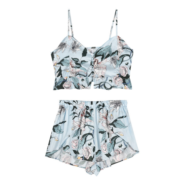 可愛い2点セット 花柄 セットアップ 部屋着 パジャマ ルームウェア ショート丈 キャミソール ショートパンツ シルク エレガント 夏 Ptnym3112 Shop Suba