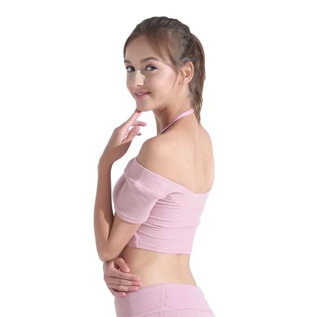 インポート ブラカップ付き オフショルダーニットtシャツ ピンク ブラトップ ヨガウェア Yogahikari