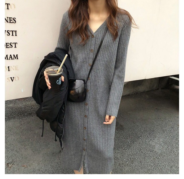 ニットワンピース リブニットワンピース 前開き 長袖 Iラインワンピース ミモレ丈 Vネック カーディガン ニットカーディガン 秋 冬 4色 G1565 Mhf Clothes