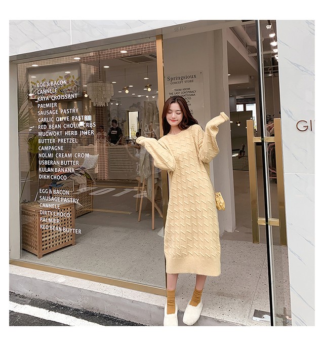 Dress 美人度アップカジュアルラウンドネックニットワンピースゆったり5色 Nanastyle