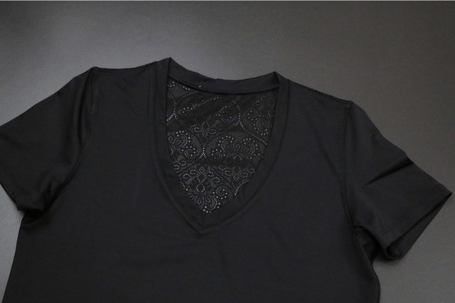上品 細見え バック総レースtシャツ 黒 Vネック ヨガ ピラティス ウェア Yogahikari