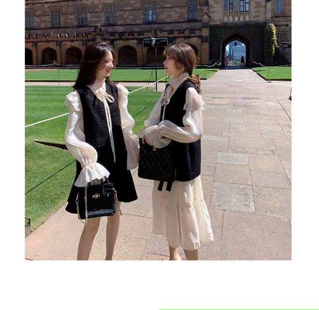 Set 2タイプ2点セットアップ フリルワンピースxベスト ブラウスxベストワンピース Beautymestyle