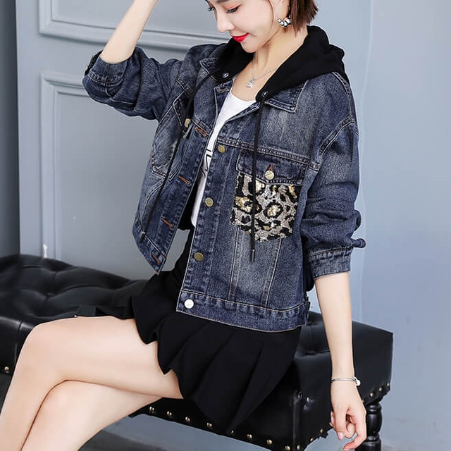 デニムジャケット ジャケット アウター レディース Gジャン ジージャン 着こなし 春 秋 カジュアル 長袖 ショート丈 ブルゾン デニム レオパード フード付き おしゃれ 可愛い バックプリント Dress No Sato