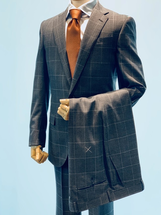 超高級素材でスペアパンツ付き カノニコ生地使用 スリムシルエット シングルツーパンツスーツ ミディアムグレーチェック 46 1 紳士服オルボ