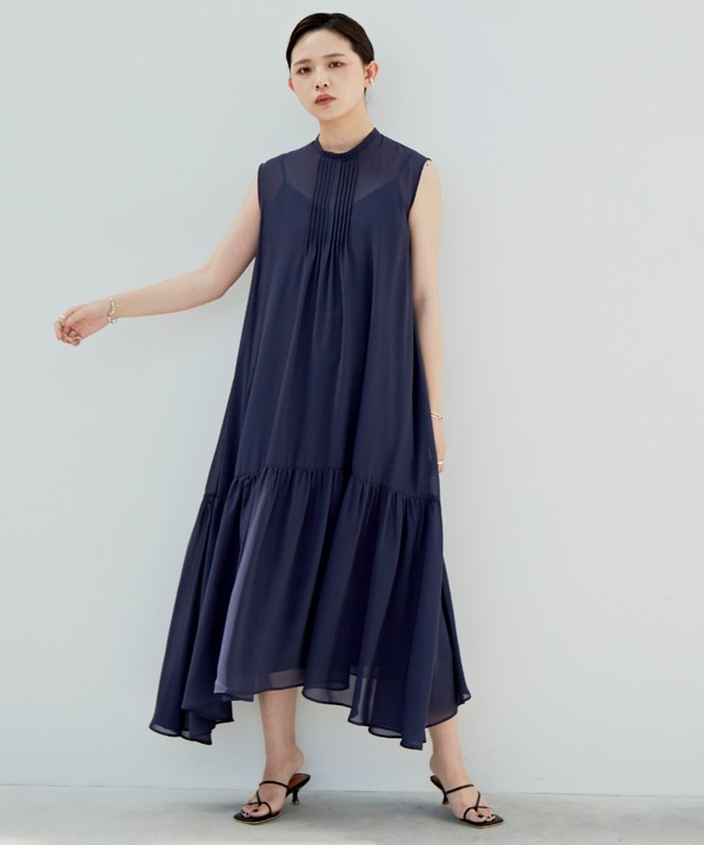 ノースリーブピンタックシアーマキシワンピース Nvy Aunt Marie S