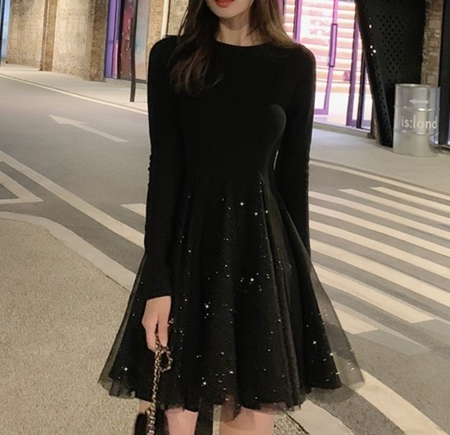 全2色 ワンピース ニット レディース ひざ丈 可愛い 清楚系 華やか デート お食事会 女子会 記念日 キラキラ シフォン スパンコール Xl 10代 代 春 秋 冬 Like Fashion