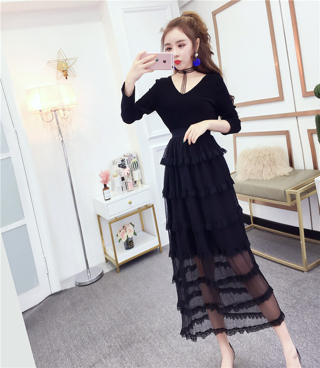 ロングワンピース ロングドレス レースワンピース ハイウエスト Vネック 長袖 パーティードレス お呼ばれ 二次会 食事会 Dress Suba