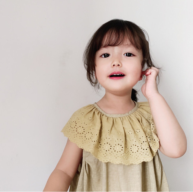 ワンピース レース アイレットレース 襟付き ノースリーブ コットン 綿 リネン 麻 ピエロ襟 女の子 子供服 子供 キッズ ガール ガーリー レトロ 春夏 春 夏 新作 人気 おすすめ かわいい おしゃれ スモーキーカラー くすみカラー 韓国 韓国子供服 プレゼント 贈り物