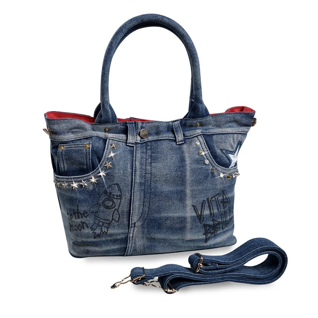 デニムリメイク風 スタッズバッグ M ネイビー Vita Brillare