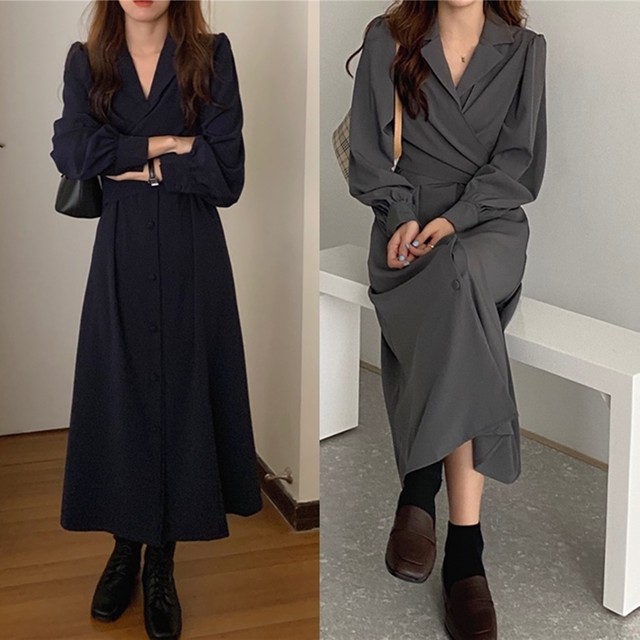 ワンピース ロング 春 韓国 ファッション レディース カシュクール シャツワンピース ロングワンピース 長袖 パフスリーブ 前ボタン ロングフレア ワンピース オフィスカジュアル テーラード ｖネック ワンピ ネイビー グレー Vestito