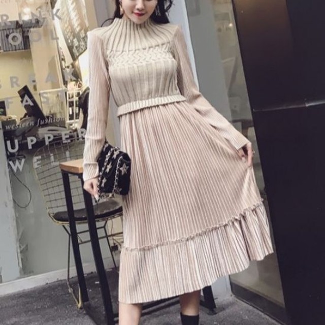 ロングワンピース ワンピ ニット 韓国 きれいめ コーデ 冬 秋冬 秋 40代 30代 膝下丈 長袖 カジュアル 大人 通勤 おしゃれ きれいめ オフィス 無地 およばれ フレアスカート 上品 Dress Plaatje