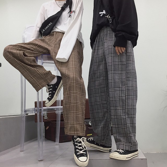 Pants Plaid 2color ボトムス パンツ チェック柄 2色展開 カーキ グレー ストレート ワイド ゆったり こなれ感 ルーズ フルレングス 可愛い メンズライク カジュアル オシャレ レトロ 原宿系 デイリー お出かけ お買い物 リンクコーデ 双子コーデ 春 秋 大きいサイズ