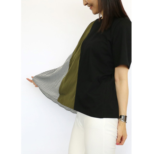 夏にオススメ カジュアルコーデに アコーディオンプリーツアクセント切り替えプルオーバーブラック 40代 50代 60代ファッション 70代 80代 ミセス ファッション レディース おしゃれ ラナリオンオンラインショップ