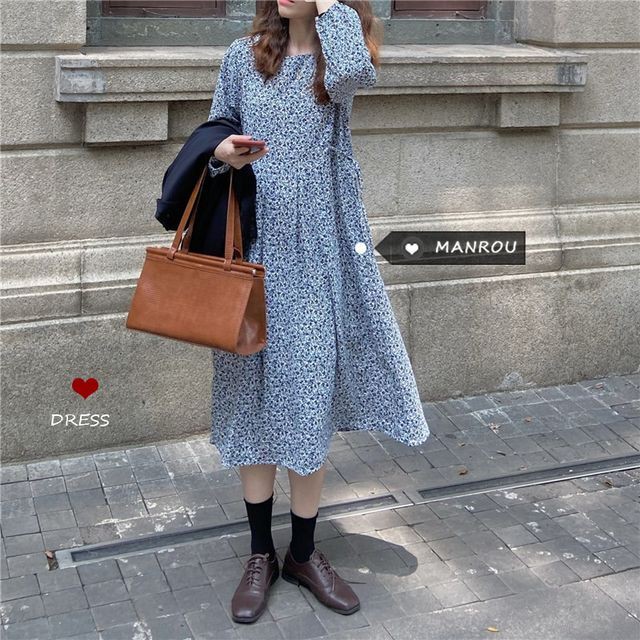 レディース ワンピース 秋 冬 長袖 花柄プリントaラインワンピース 花柄 ミモレ丈 ロング丈 マキシロング丈 Aライン フェミニン ガーリー 大人ガーリー 大人カジュアル カジュアル 秋冬 ブルー グリーン フリーサイズ Ukiukionepicec