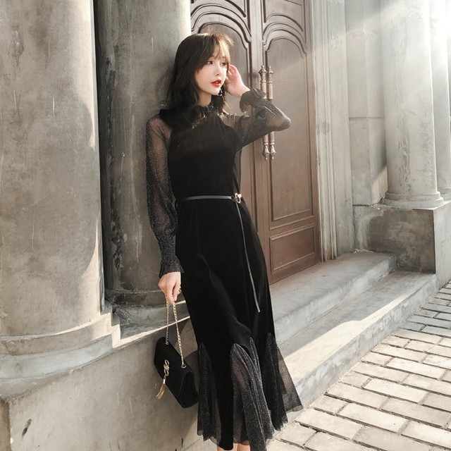 送料無料 ベルト付き リトルブラックドレス 異素材ドッキングワンピース レイヤードスタイル レイヤード デザイン ハイネック タートルネック 上品 ワンピース 大人 上品 ドレス ワンピ ベロアワンピース ベルベット 袖 シースルー スリーブ ラメ入り 袖コンシャス