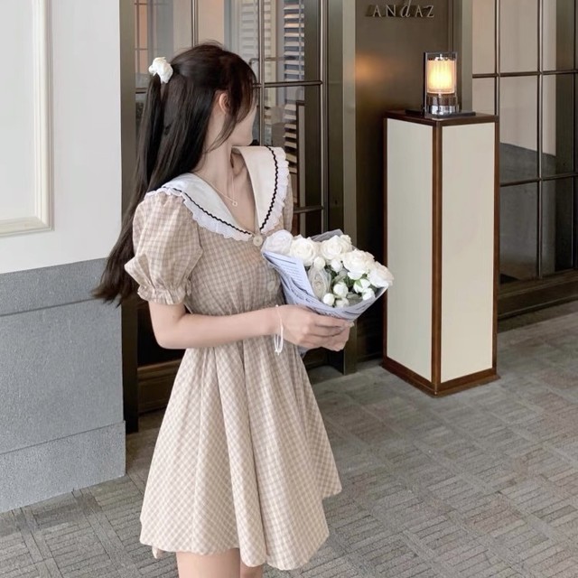 brown check frill dress