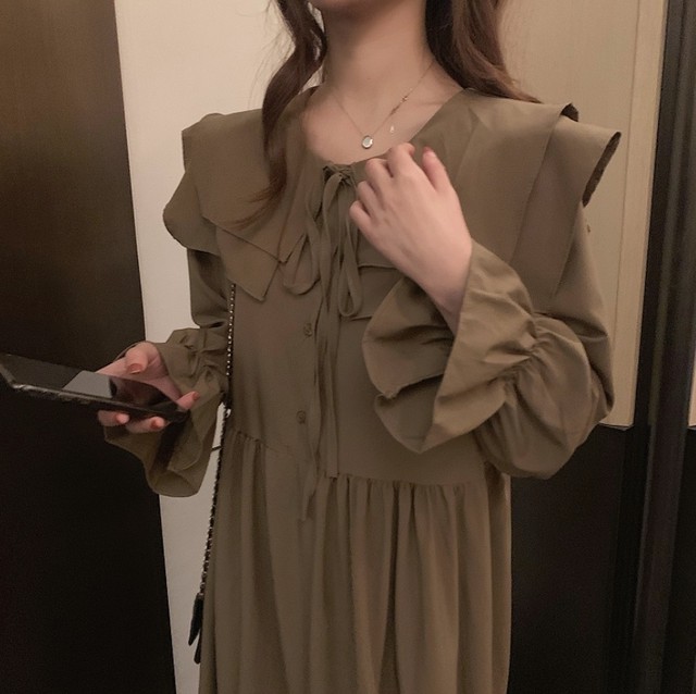 ワンピース ロング 春 大人ガーリー かわいい ミモレ丈 フリル 無地 大きいサイズ レディース Keysfashion