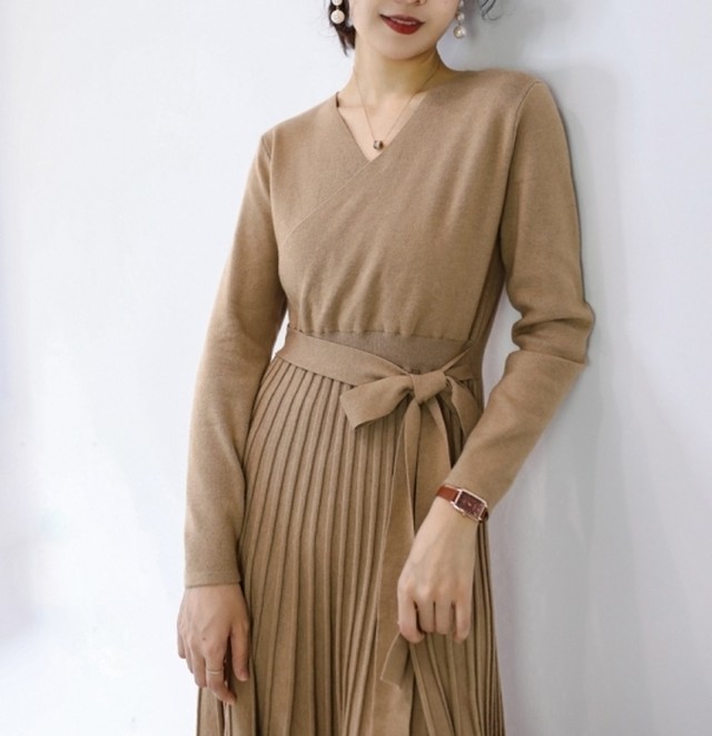 ワンピース ロングワンピース ニットワンピース プリーツワンピース ニットプリーツワンピース 秋冬新作 長袖 ミモレ丈 ハイウエスト ベルト付き ゆったり 大きいサイズ カジュアル オフィス 通勤 Leaflower 001 リーフラワー レディースファッション専門店