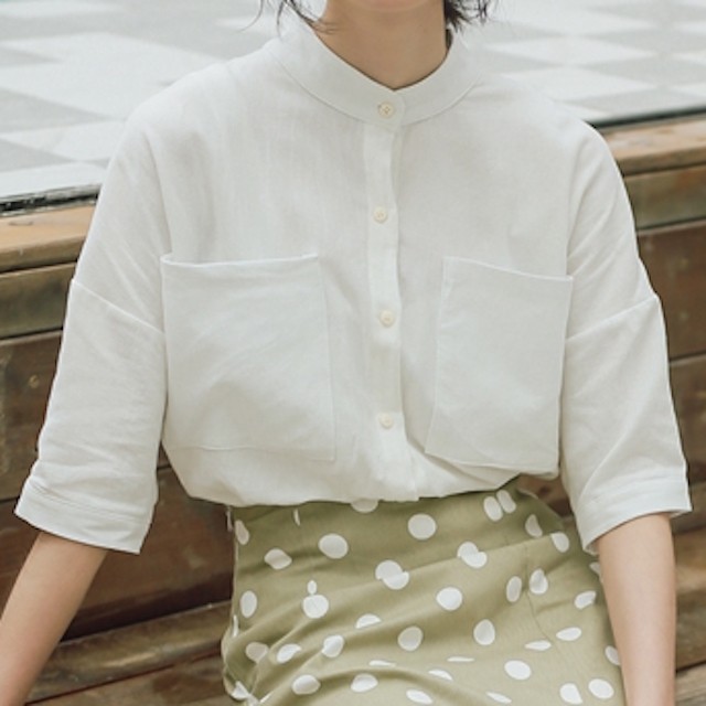 春夏物 売れ筋 おすすめ ブラウス シャツ 五分袖 カジュアル クール 前ボタン 襟なし ボーイッシュ Ct1081 ゆるふわショップ ふるれ