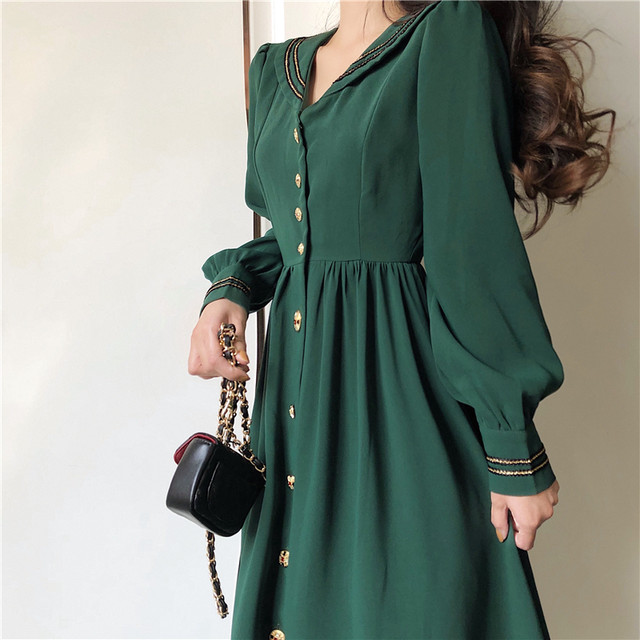 秋 冬 レディース ワンピース ロングワンピース グリーン 緑 ハイウエスト 長袖 フロントボタン かわいい おしゃれ 韓国 きれいめ プチプラ Fa 10 134 Dress Sugar Moon