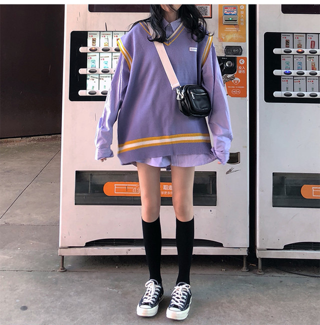ロングセラー 学生風vニットネックベスト ストライプシャツ 韓国レディースファッション通販 Krex ケーレックス