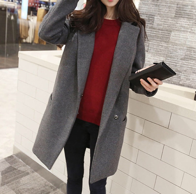 ベーシックチェスターコート 無地 グレー 黒 ロングコートジャケット 膝上 シンプル 細身 秋冬 流行り レディース通販 B548 Idear