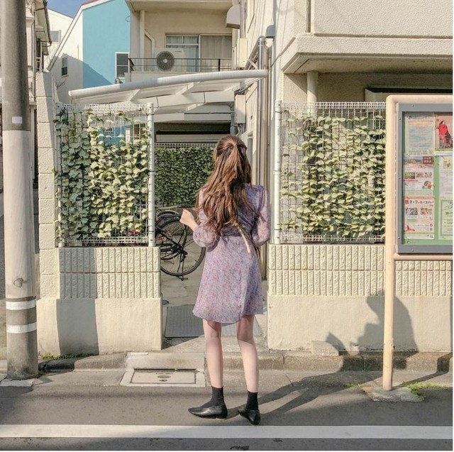 花柄 ラベンダー パープル シフォン ワンピース ミニ丈 長袖 デート 韓国 オルチャン Cocotown