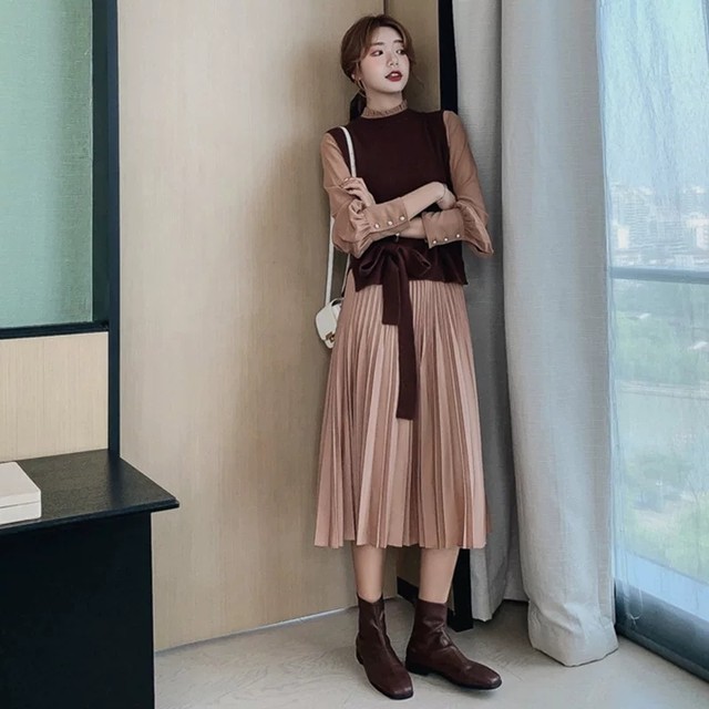 セットアップ ワンピース プリーツワンピース ニット ベスト ハイネック ロングワンピース 無地 レディース 長袖 ウエストマーク ミモレ丈 きれいめ 大人可愛い デート 通学 お出かけ 女子会 代 30代 40代 アラサー アラフォーs M L Xl 秋 冬 At513 Sunny Place