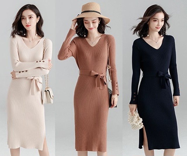 タイト美シルエット ワンピース レディース 秋冬 フォーマル スリット デート Vネック Cr Crafts