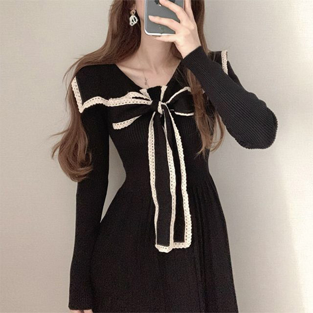 2色 リボン ニットワンピース ロング丈 秋 冬 レディース ファッション 韓国 オルチャン Cocotown