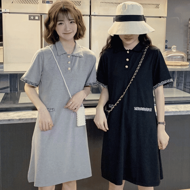 ポロシャツワンピース レオパード ワンポイント ショート丈 半袖 韓国ファッション オルチャンファッション 10 代向け 韓国 オルチャンファッションyoung Ol Chan