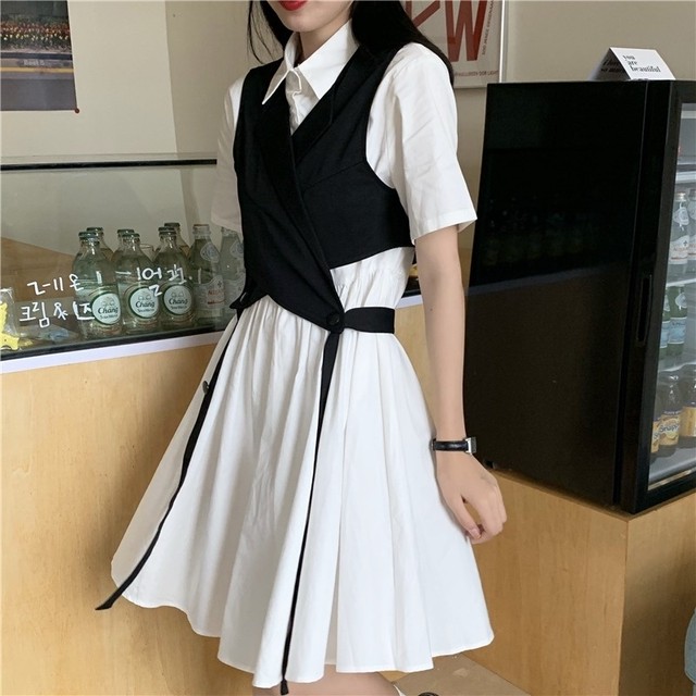 セットアップ ワンピース シャツワンピ ベスト 膝丈 半袖 モノトーン フレアー 2点セット 代 30代 春 夏 Tk313 Sunny Place