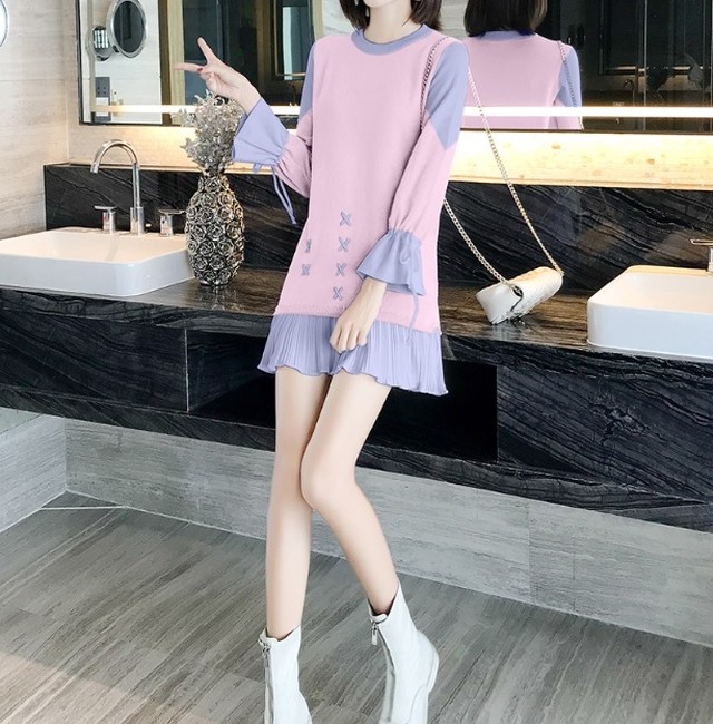 ブルー ピンクの組み合わせは爽やかさ満点 ディテールフレアワンピース ワンカラー 長袖ワンピース 冬 レディース レディースセレクトショップcarina