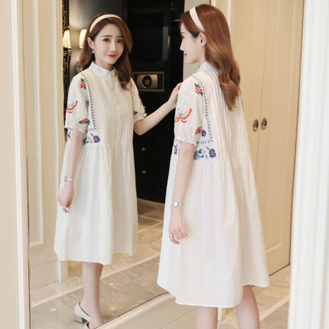 マタニティ ワンピース 春夏 半袖 刺繍 花柄 シャツ ひざ丈 ゆったり ガーリー フェミニン 清楚 Rb S06 0100 Redbell