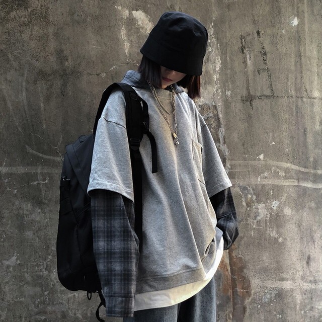 パーカー シャツ レイヤー風 フェイクシャツ チェック柄 レトロ 原宿系 ストリート ファッション オルチャン 送料無料 天使と悪魔 サブカル 系ファッション Seasonz