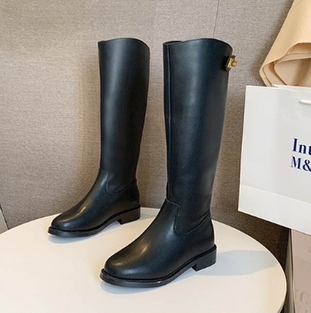 ロングブーツ ブーツ 靴 フェイクレザー Pu チャンキーヒール 太ヒール シンプル カジュアル 可愛い おしゃれ 歩きやすい 秋冬 ぐるぐる