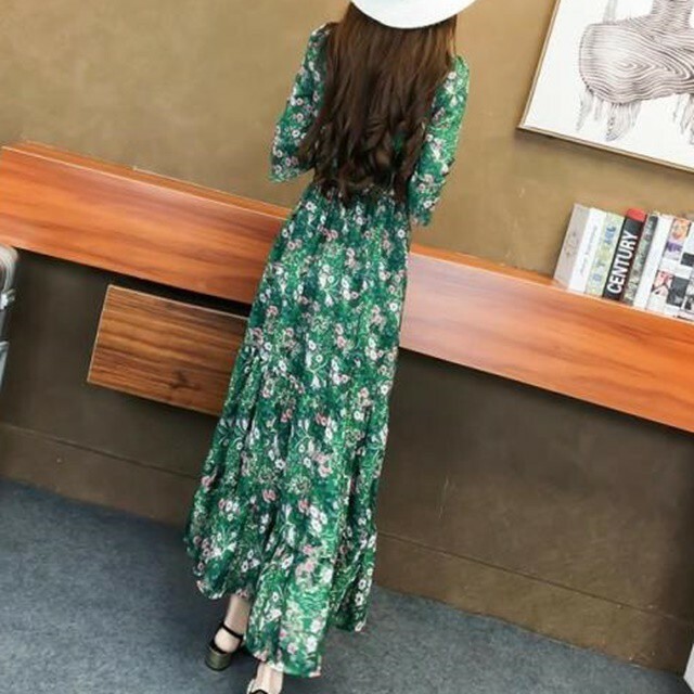 マキシワンピース レディース リゾートワンピース 花柄 Vネック グリーン 7分丈袖 ハイウエスト 体型カバー レトロ Xライン フレアスリーブ 春夏 ゆったり 大きいサイズ フレアスカート 海 プール 大人可愛い きれいめ ふくふくの木