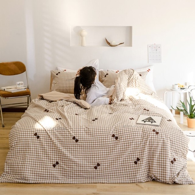フラットシーツ ダブルサイズ4点セット リボン チェック柄デザインコットン素材寝具カバー 布団カバー ベッドカバー 寝室 インテリア ガーリー 可愛い お洒落 ９カラー Sweet Dreams