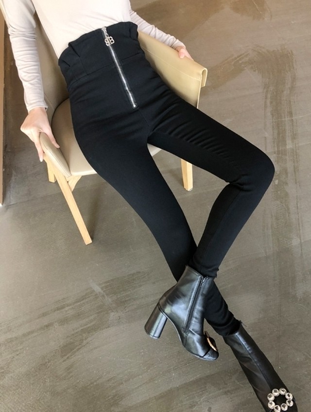 全2種類 パンツ ボトムス スキニー ハイウエスト ジッパー フィット フリル 無地 上品 ストレッチ あったか 裏起毛 大人可愛い レギンス デート 秋 春 冬 Like Fashion プラス