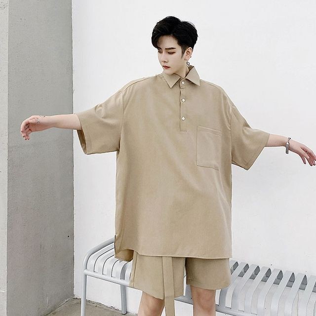 予約販売 メンズ セットアップ 上下 ハーフパンツ 半袖シャツ ブラック ベージュ カジュアル 春夏 M L Xl Favoriteselect