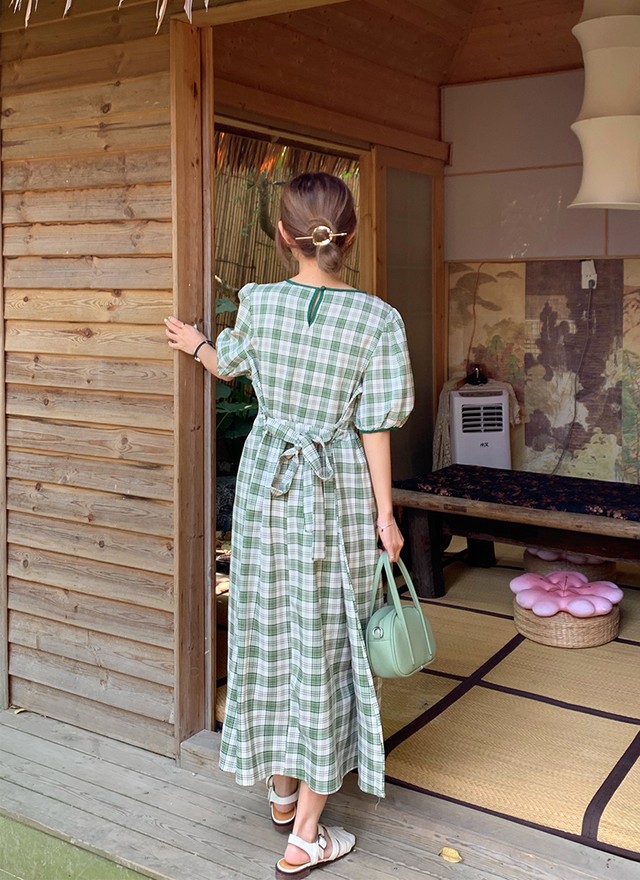 チェック柄 ワンピース ロング丈 韓国 ファッション レディース オルチャン 春 夏 半袖 大人可愛い デート Cocotown