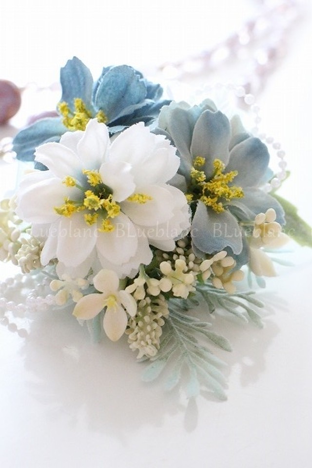 春花コサージュ 可愛い 姫なでしこコサージュ ブルー ブルーブラン