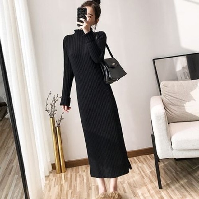 全3色 ニットワンピース ロング ニットワンピ 長袖 リブニット スリット 無地 レディース 秋冬 人気 A576 Happinessshop ハピネスショップ レディース ファッション アイテム トレンド