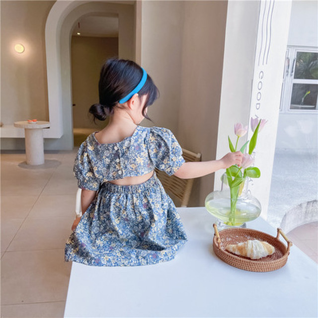 女の子 花柄 後ろ姿 可愛い ワンピース 夏 2色 人気 80 130 Dyh海外子供用品